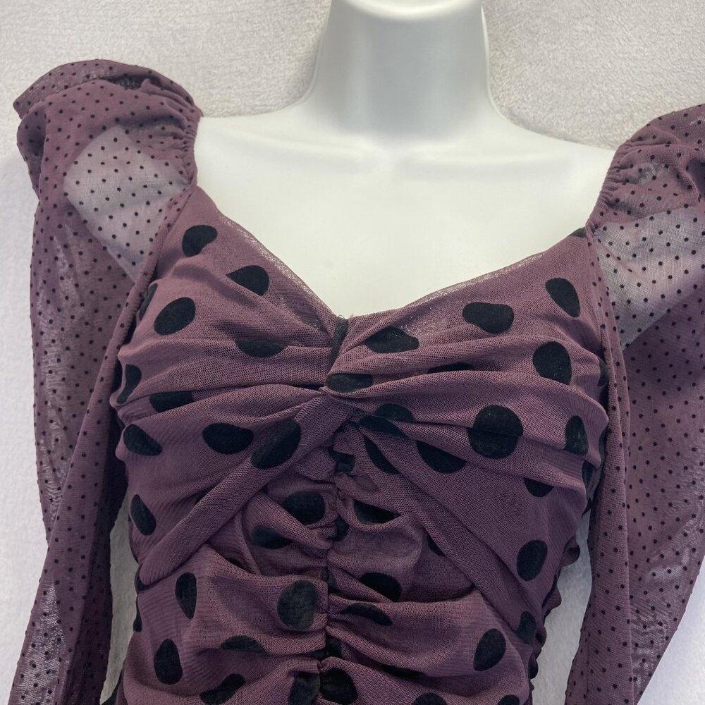 UNITEDWOOD Puff Sleeve Ruched Mesh Dress Womens 4 Purple Black Polka Dot Bodycon - Picture 6 of 14